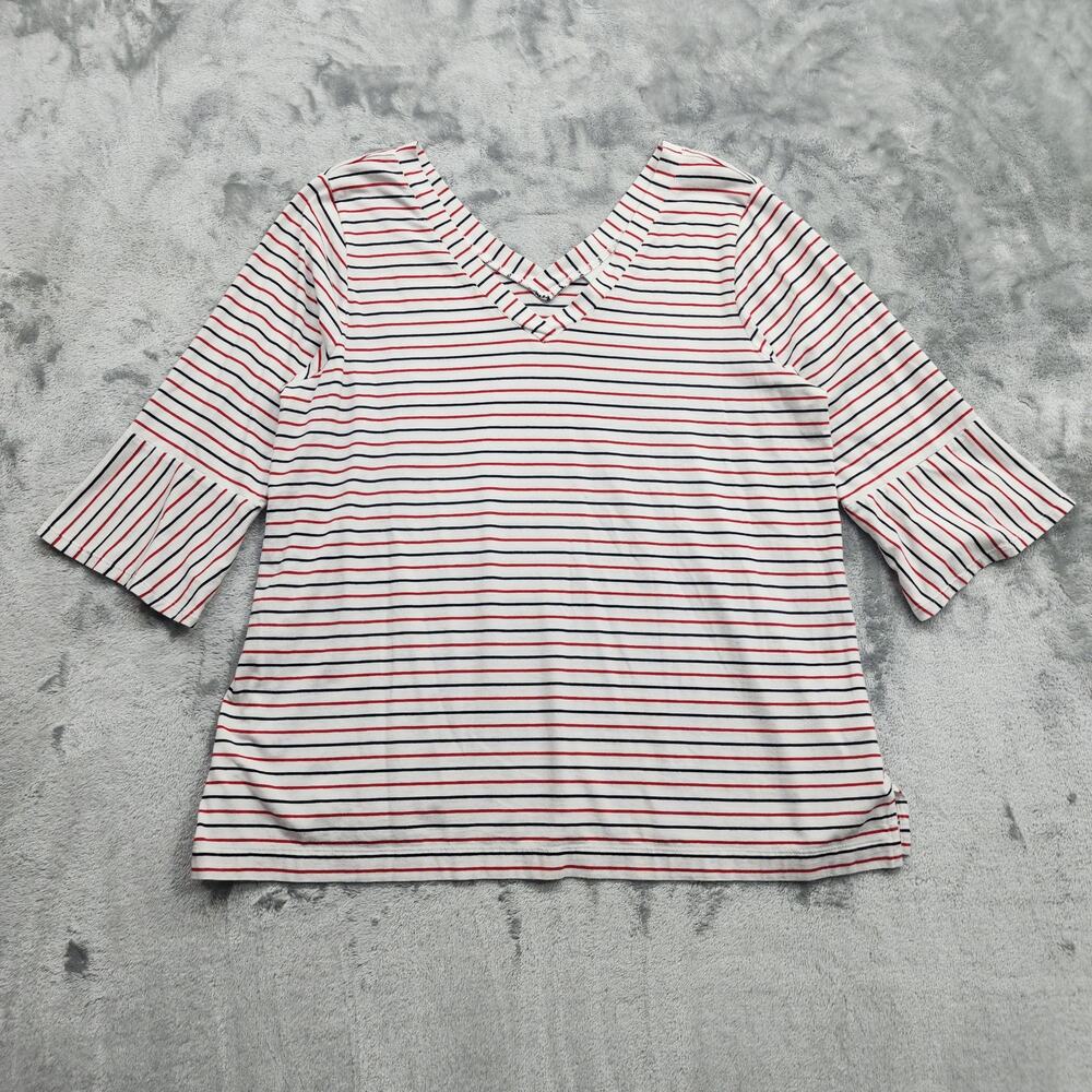 J.Jill Top Womens L White Red Black Striped V-Neck V-Back 3/4 Bell Sleeve Casual